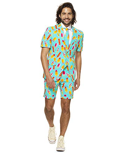 OppoSuits Herren Men Suit Business-Anzug Hosen-Set Inklusive Shorts, Kurzarmjacke & Krawatte, Red Devil, 50 EU im Sale